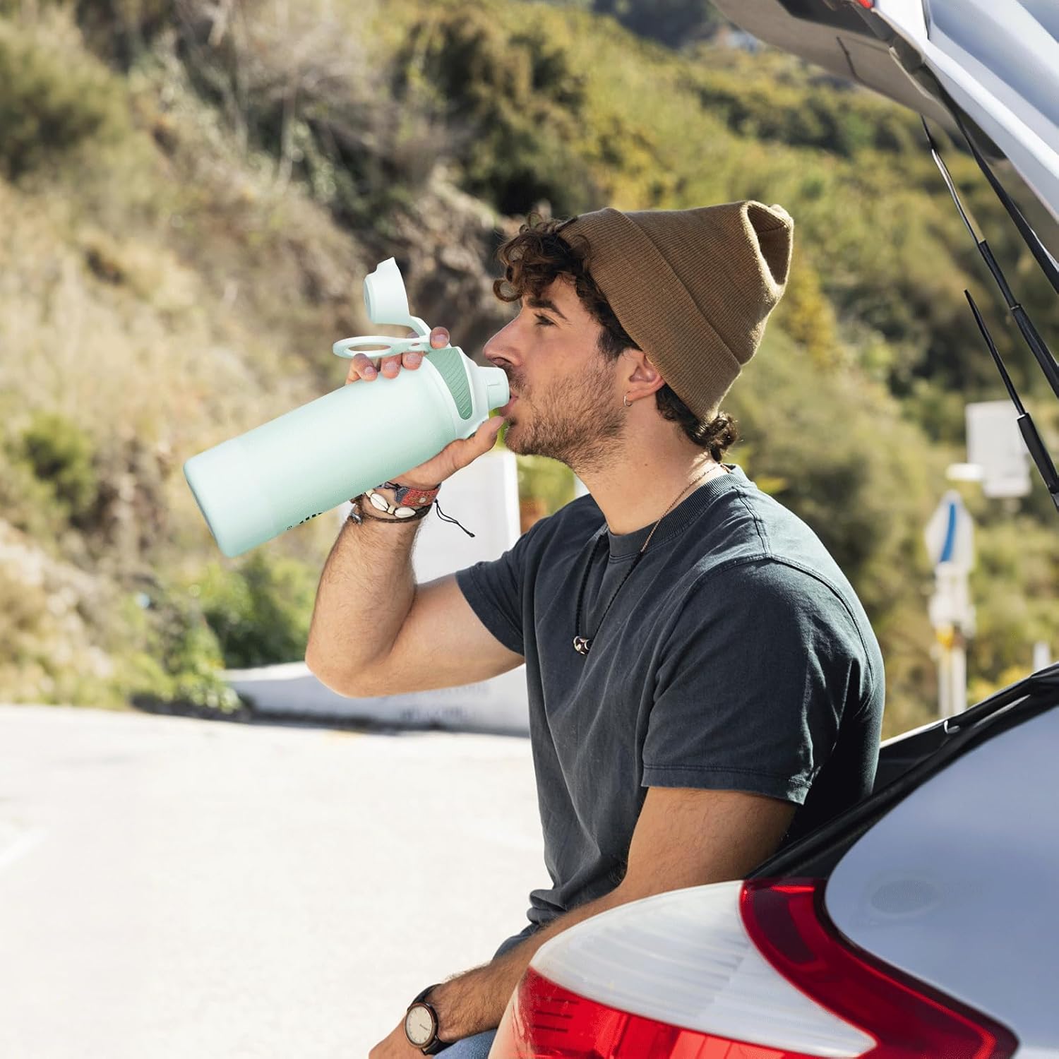 Fjbottle Thermosfles met rietje, magnetische handgreep voor telefoon + dubbel drinksysteem, sportfles, 1 l/700/600 ml, opening met 1 klik, BPA-vrij, lekvrij, voor fitnessstudio, yoga
