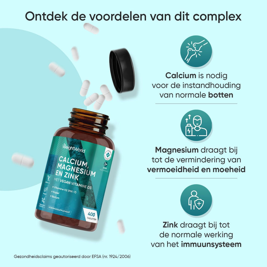 Calcium, Magnesium en Zink tabletten - 400 vegan tabletten voor meer dan 1 jaar - Bevat 9 vitamines en mineralen - Vitamine D3, K2, Selenium en Koper - Van WeightWorld