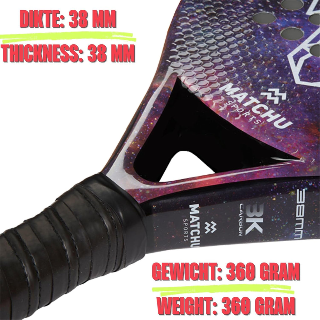 MATCHU - Padel racket - Inclusief een draagtas - 100% carbon frame, fiberglasse toplaag en zacht EVA foam - 3D grip technologie