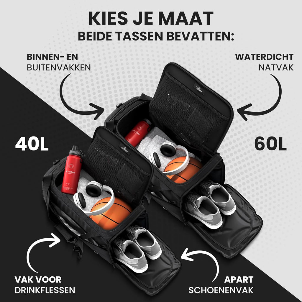 Sporttas Gymbag Reistas 40L / 60L | Trainingstas met Rugzak-Functie Schoenencompartiment Vak voor natte Kleding | Sportrugzak Fitness Tas Weekender Zwemtas Duffelbag Sportzak Fitnesszak Sportbag Heren
