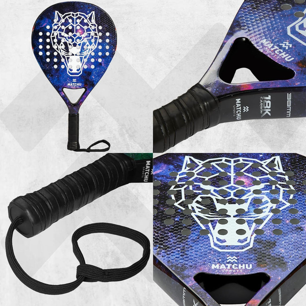 MATCHU - Padel racket - Inclusief een draagtas - 100% carbon frame, fiberglasse toplaag en zacht EVA foam - 3D grip technologie