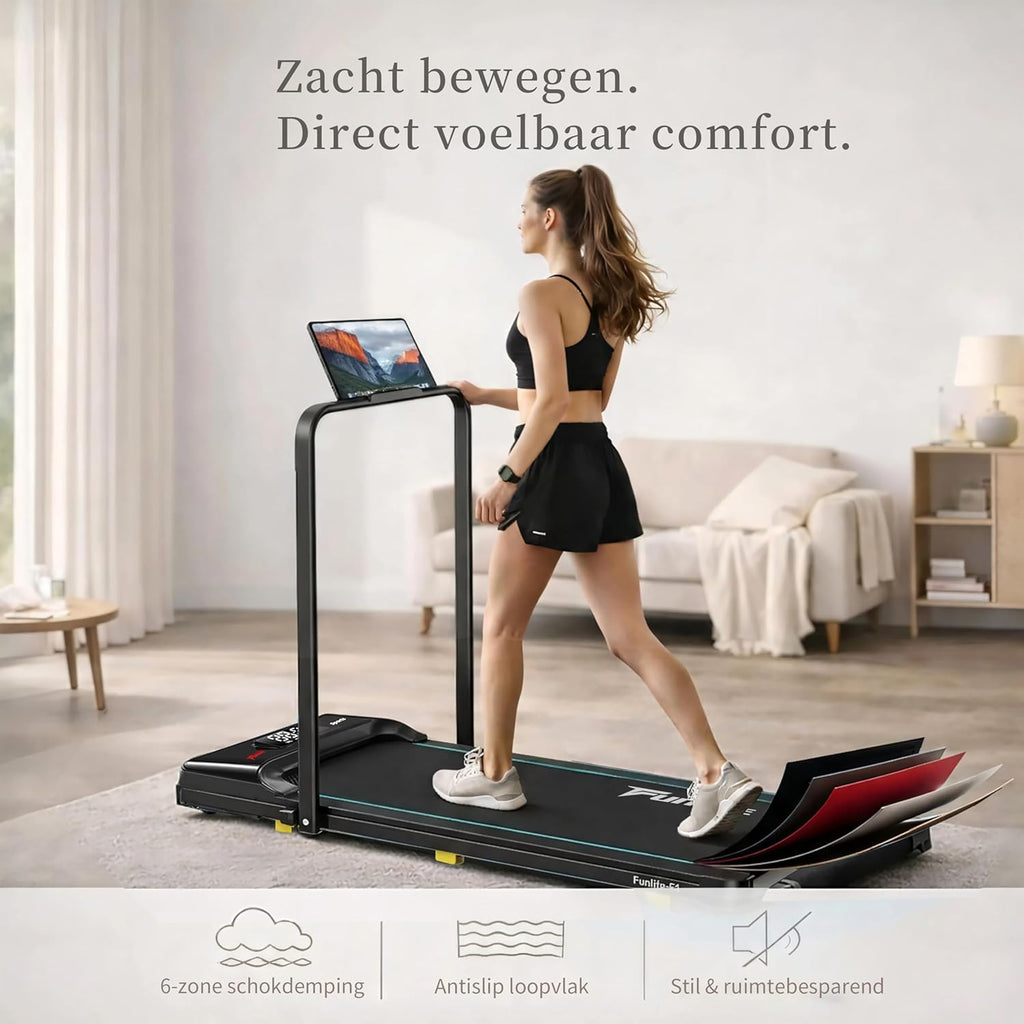 Walking Pad/loopband voor thuis, inklapbaar, 3-in-1 mini-loopband met handgreep, stil en plat, tot 120 kg, geschikt voor bureau en thuiskantoor, senioren en revalidatie, FunLife F1