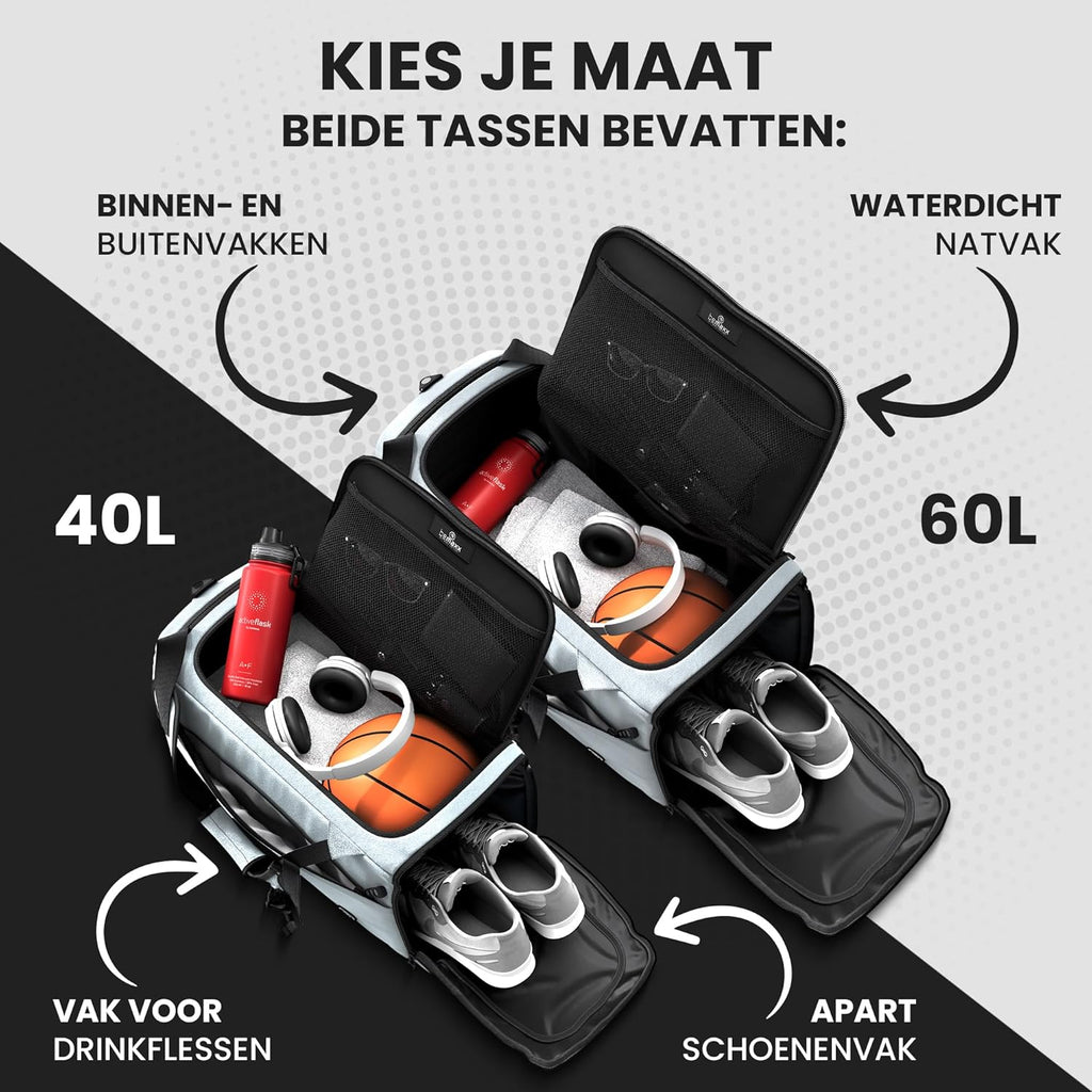 Sporttas Gymbag Reistas 40L / 60L | Trainingstas met Rugzak-Functie Schoenencompartiment Vak voor natte Kleding | Sportrugzak Fitness Tas Weekender Zwemtas Duffelbag Sportzak Fitnesszak Sportbag Heren