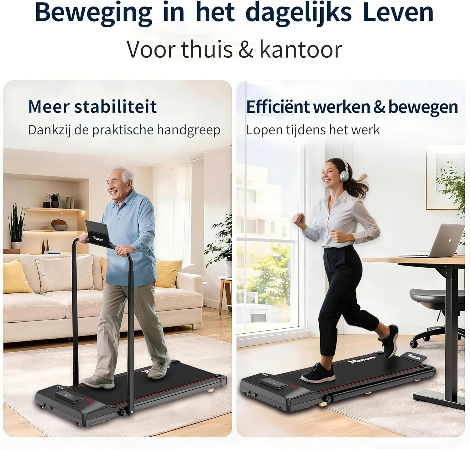 Walking Pad/loopband voor thuis, inklapbaar, 3-in-1 mini-loopband met handgreep, stil en plat, tot 120 kg, geschikt voor bureau en thuiskantoor, senioren en revalidatie, FunLife F1