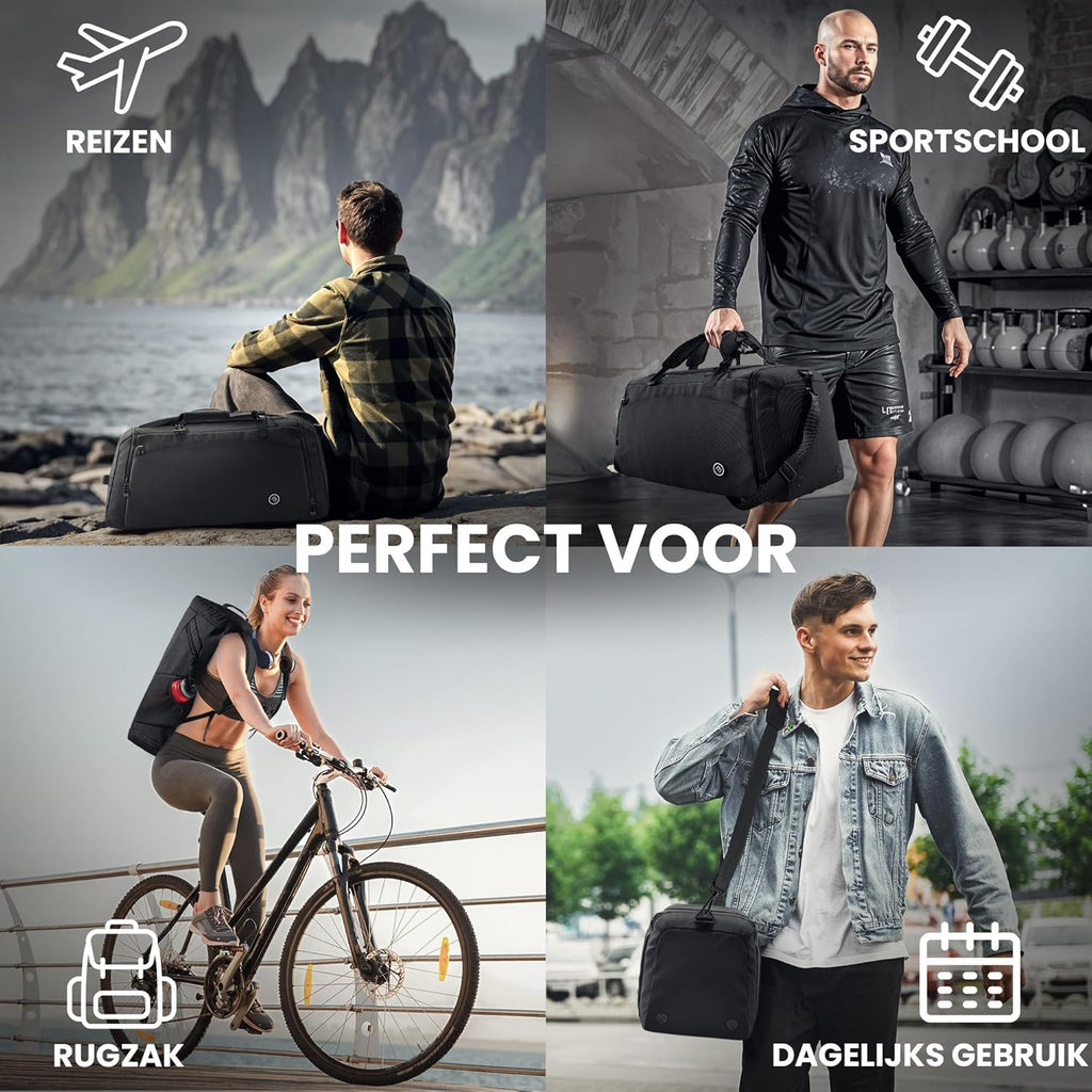 Sporttas Gymbag Reistas 40L / 60L | Trainingstas met Rugzak-Functie Schoenencompartiment Vak voor natte Kleding | Sportrugzak Fitness Tas Weekender Zwemtas Duffelbag Sportzak Fitnesszak Sportbag Heren