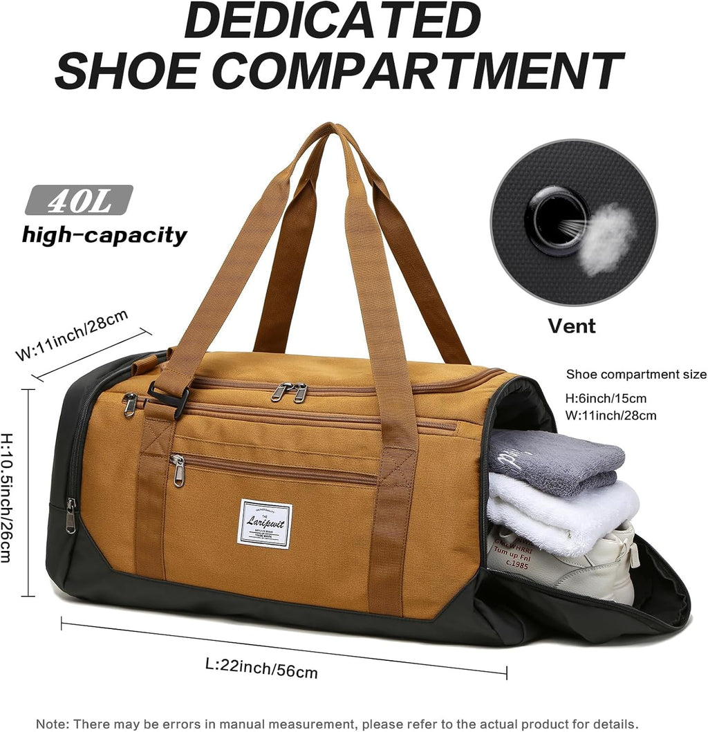 Laripwit Reistas voor Heren 40L Middelgrote Sporttas met Schoenenvak en Natvak Sporttassen Damesweekendtas voor Reizen, Sport, Fitness, kamperen, Bruin