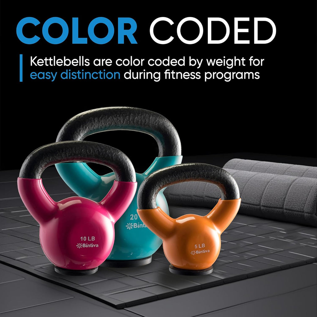 bintiva Kettlebells - professionele kwaliteit, vinyl gecoat, massief gietijzeren gewichten met een speciale beschermende bodem