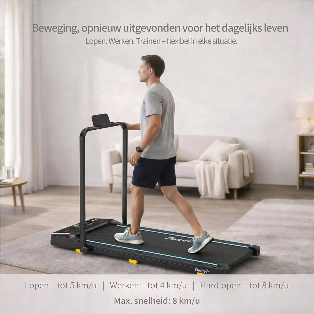 Walking Pad/loopband voor thuis, inklapbaar, 3-in-1 mini-loopband met handgreep, stil en plat, tot 120 kg, geschikt voor bureau en thuiskantoor, senioren en revalidatie, FunLife F1