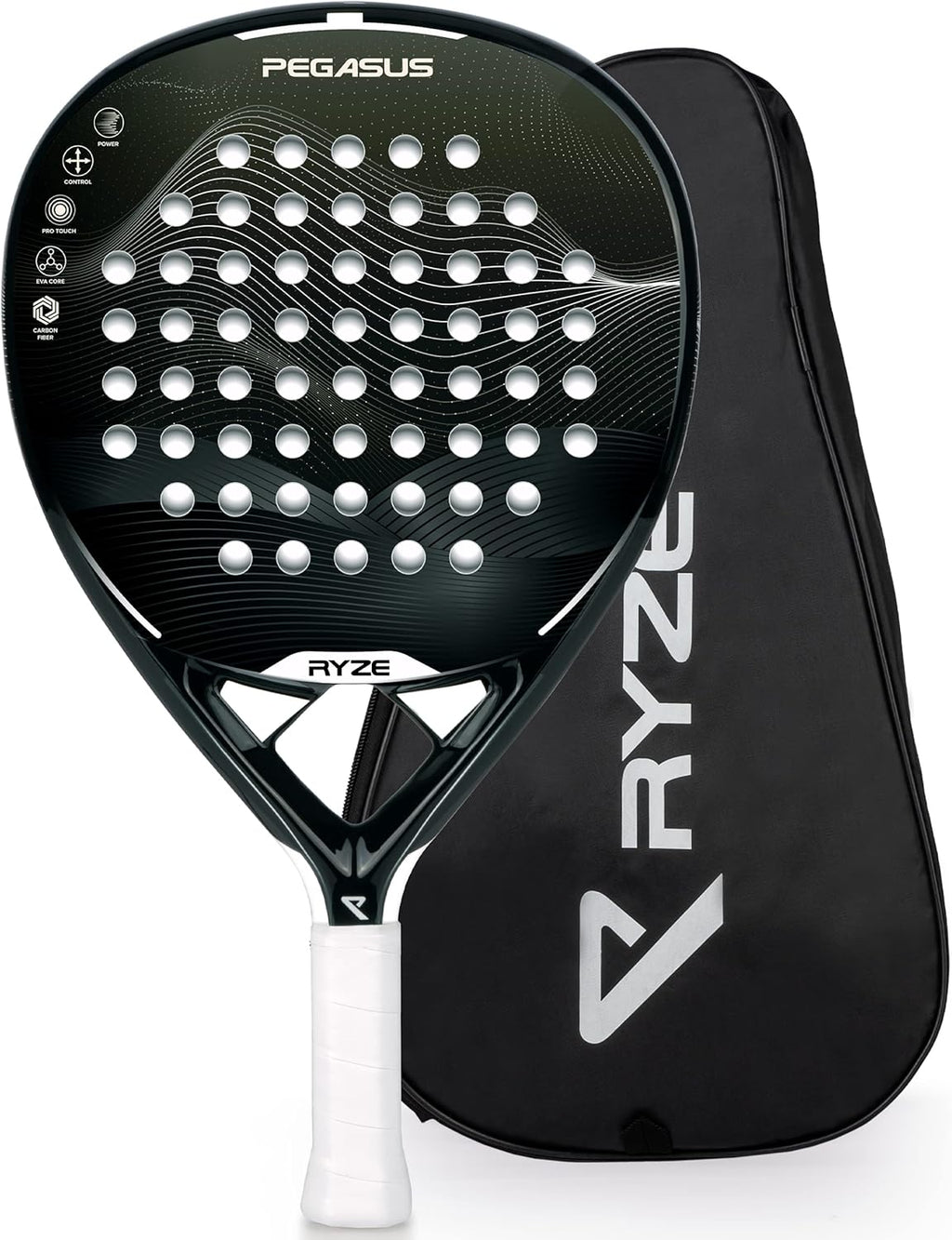 RYZE PEGASUS Padel Racket van 100% koolstofvezel - Maximale kracht + control - Pro Padel Tennisracket met EVA-15 Flex Foam - Licht en duurzaam met 360 g - Gratis draagtas inbegrepen