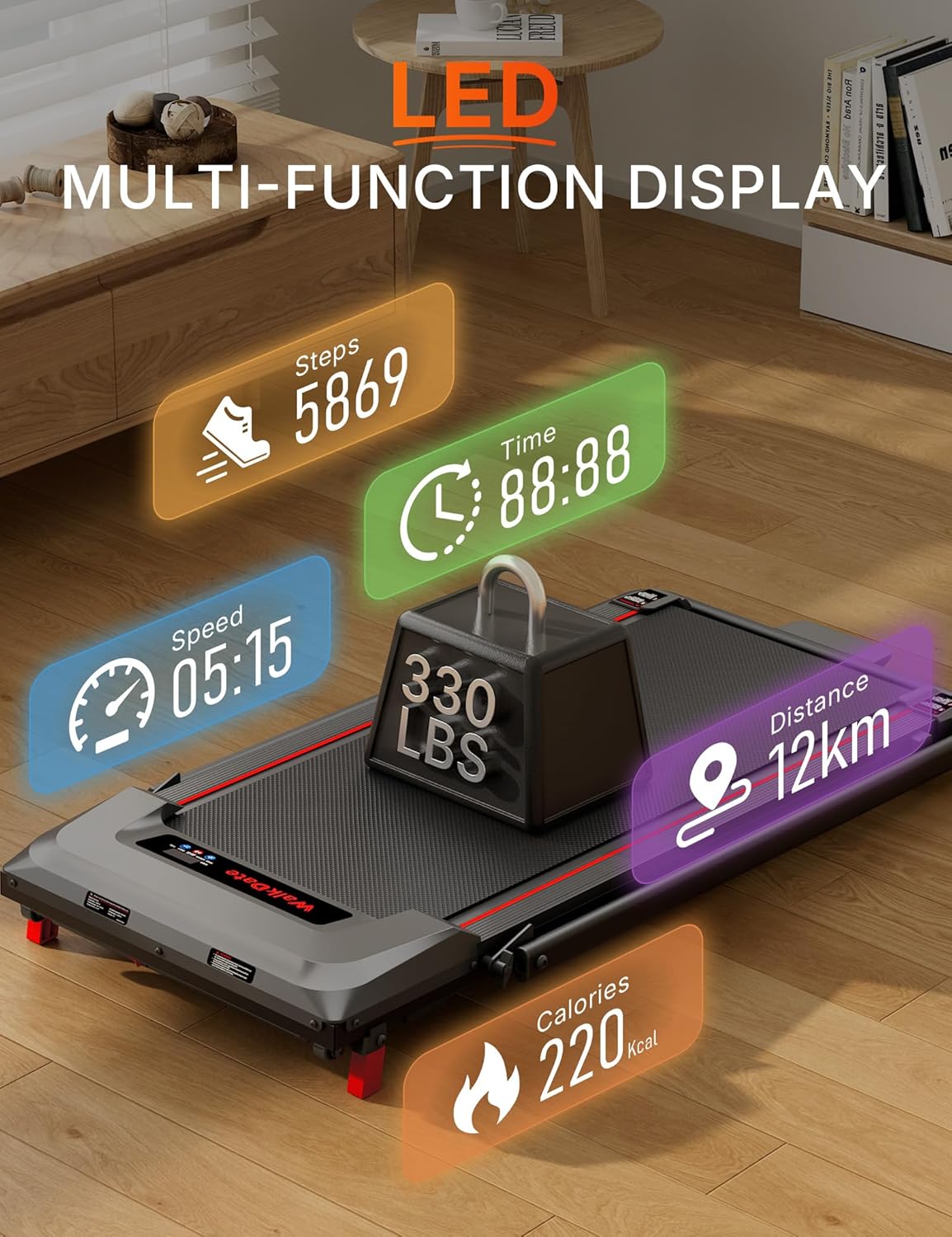 Loopband met 5% Helling, Compacte Loopbanden voor Thuis en op Kantoor, Draagbare Walking Pad met LED-display, Afstandsbediening, max. 150 kg, 1-6 km/u