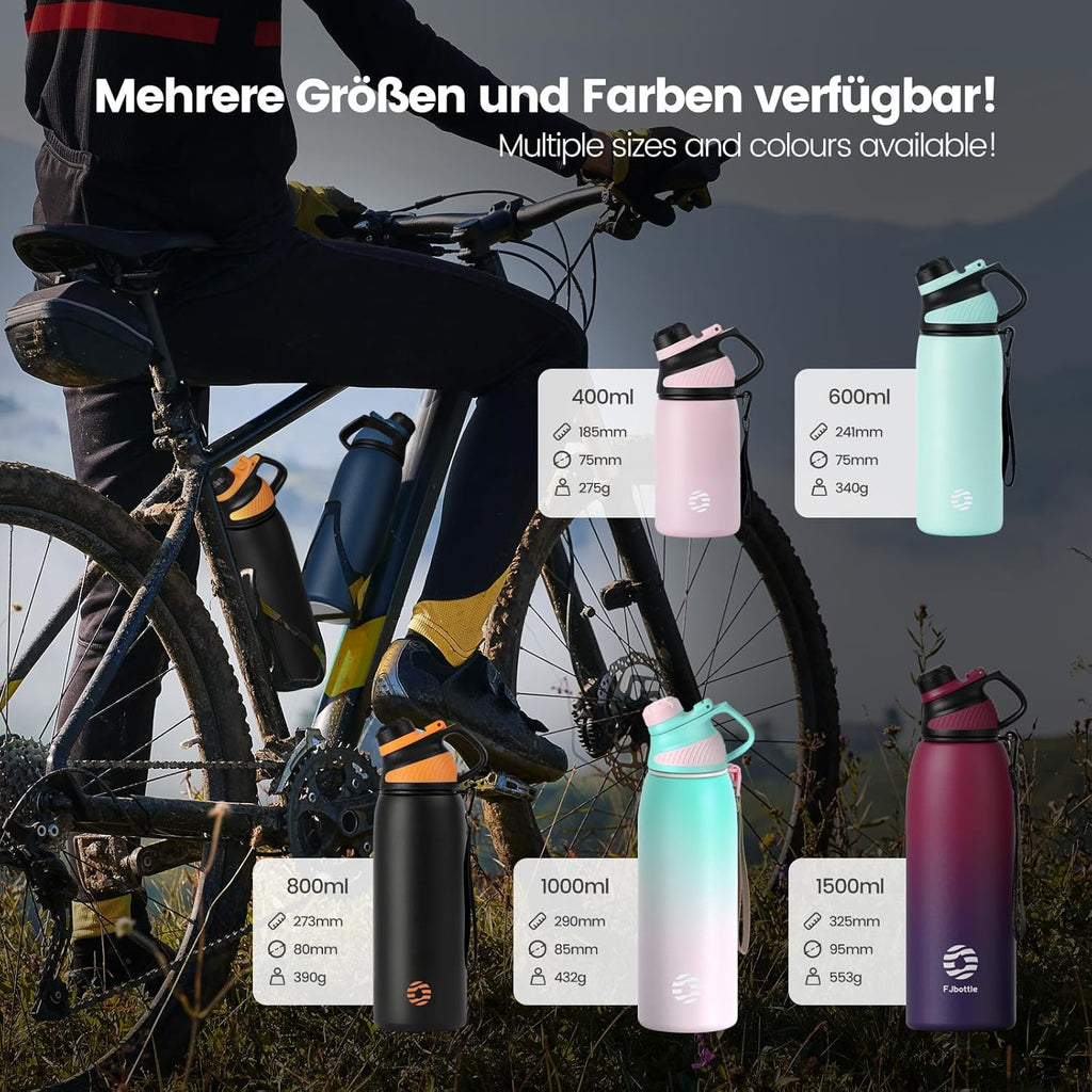 Fjbottle RVS Waterfles Sport met Magnetische Dop – 1500ml, 1000ml, 800ml, 600ml, 400ml – BPA-vrij & Lekvrij – Geschikt voor Koolzuur – Thermosfles voor School, Fitness, Kinderen