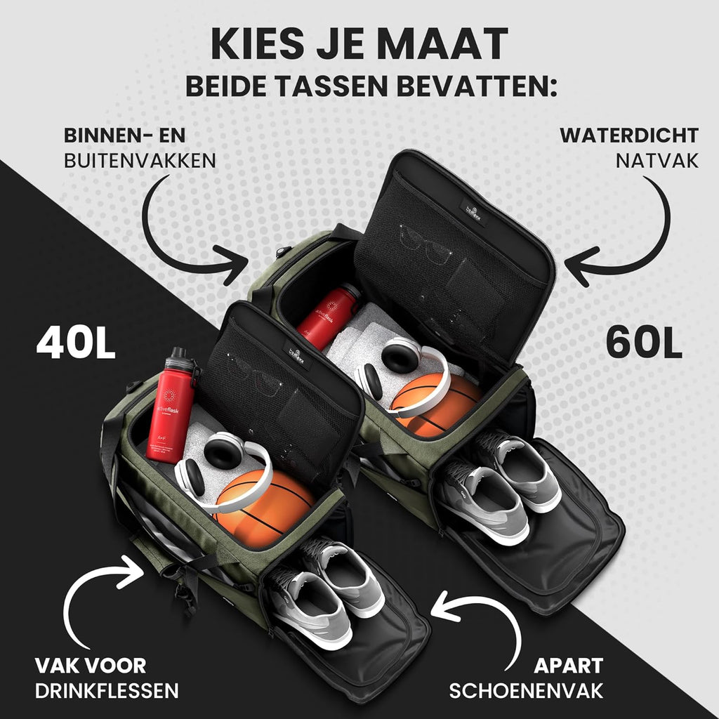 Sporttas Gymbag Reistas 40L / 60L | Trainingstas met Rugzak-Functie Schoenencompartiment Vak voor natte Kleding | Sportrugzak Fitness Tas Weekender Zwemtas Duffelbag Sportzak Fitnesszak Sportbag Heren