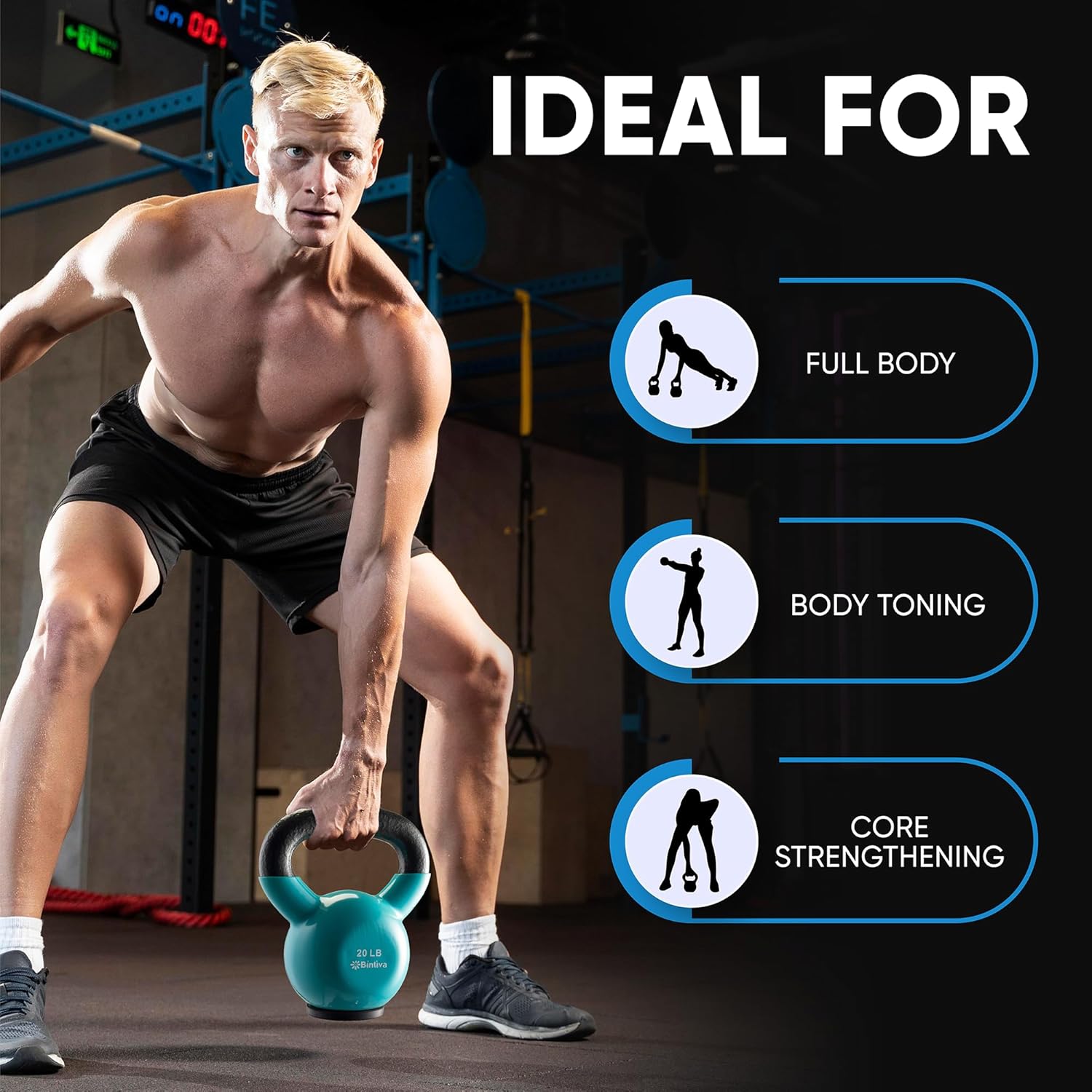 bintiva Kettlebells - professionele kwaliteit, vinyl gecoat, massief gietijzeren gewichten met een speciale beschermende bodem