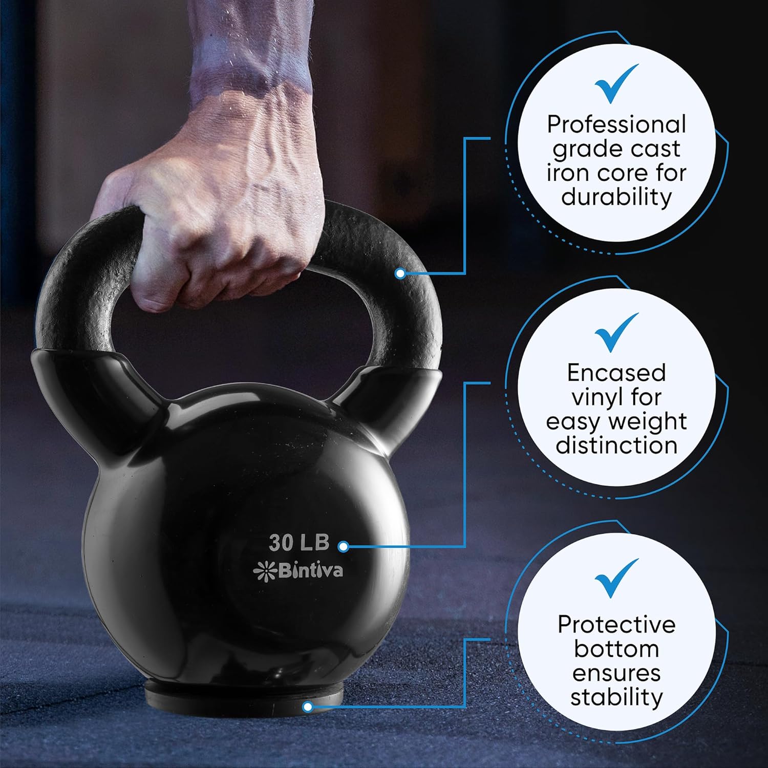 bintiva Kettlebells - professionele kwaliteit, vinyl gecoat, massief gietijzeren gewichten met een speciale beschermende bodem
