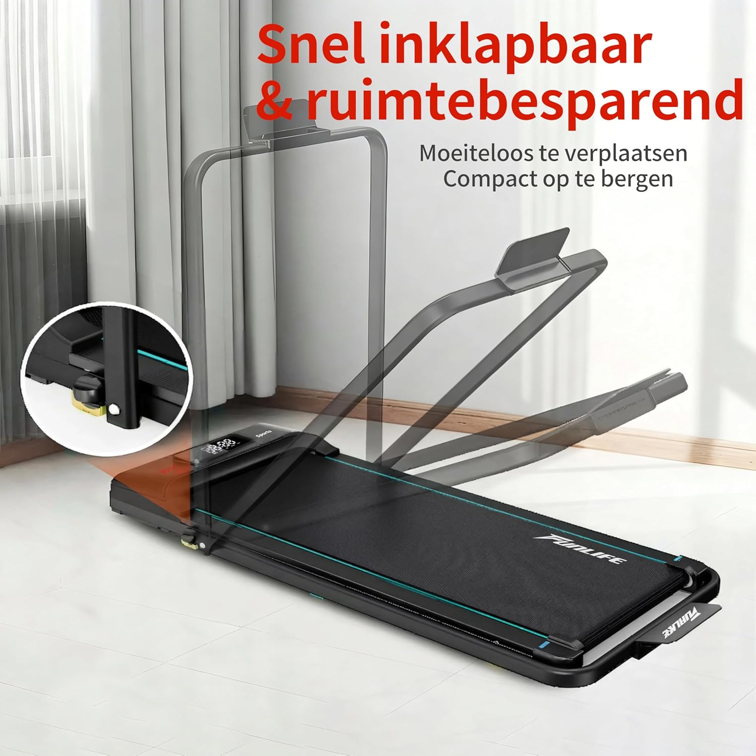 Walking Pad/loopband voor thuis, inklapbaar, 3-in-1 mini-loopband met handgreep, stil en plat, tot 120 kg, geschikt voor bureau en thuiskantoor, senioren en revalidatie, FunLife F1