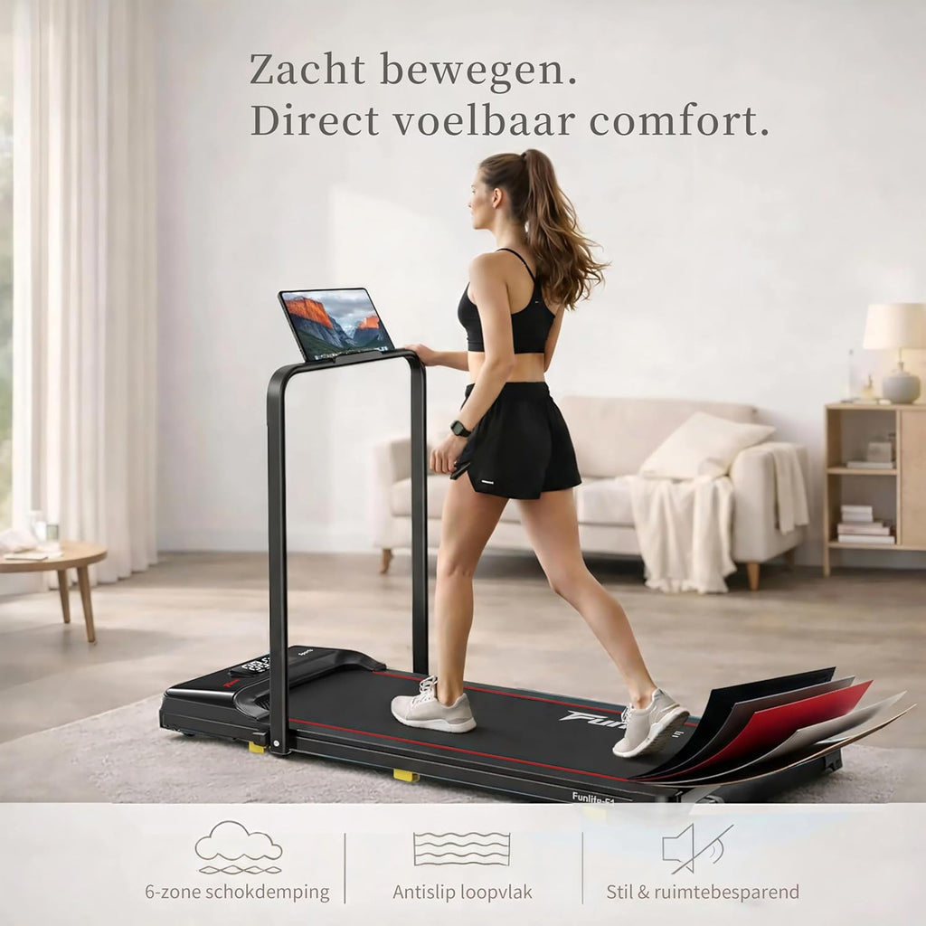 Walking Pad/loopband voor thuis, inklapbaar, 3-in-1 mini-loopband met handgreep, stil en plat, tot 120 kg, geschikt voor bureau en thuiskantoor, senioren en revalidatie, FunLife F1