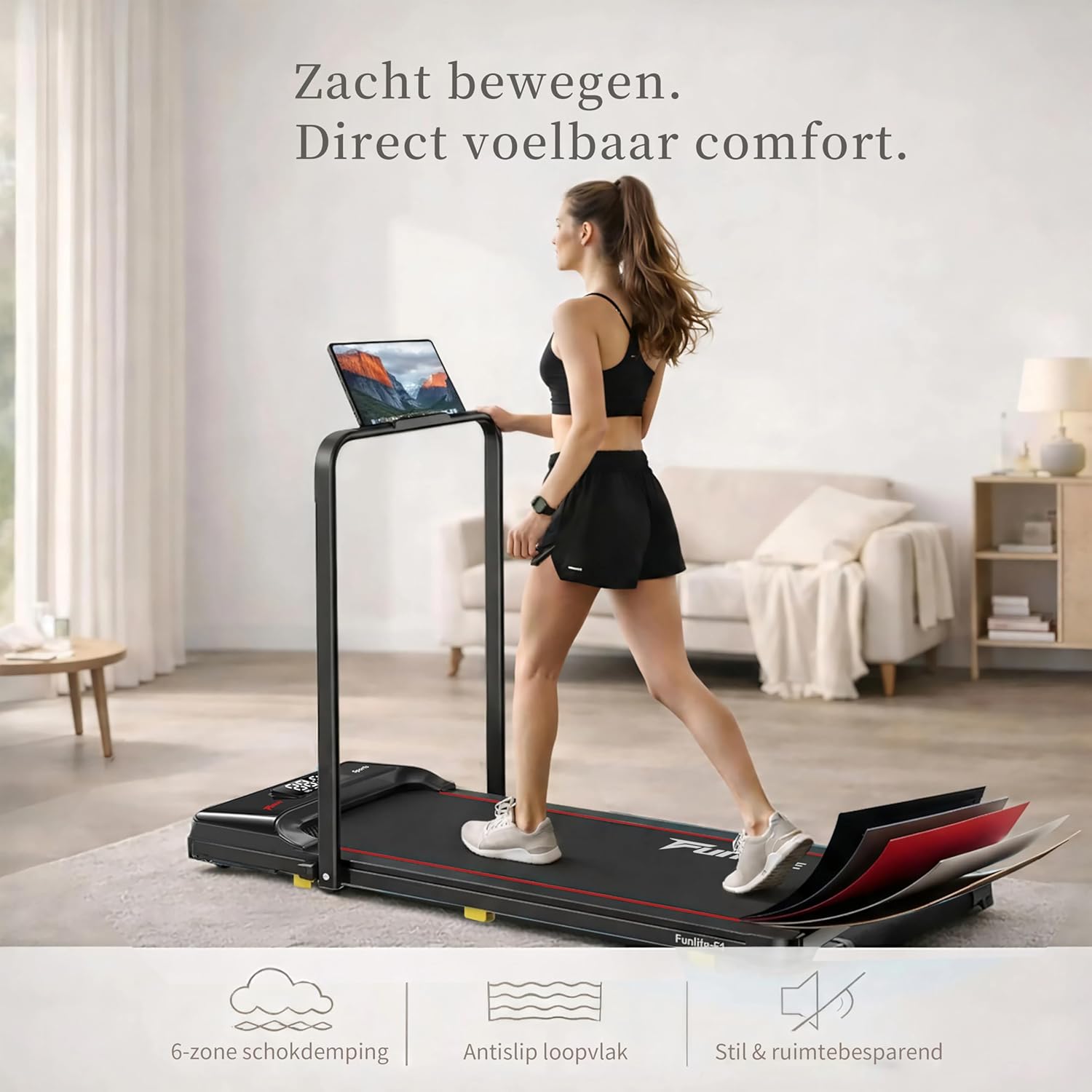 Walking Pad/loopband voor thuis, inklapbaar, 3-in-1 mini-loopband met handgreep, stil en plat, tot 120 kg, geschikt voor bureau en thuiskantoor, senioren en revalidatie, FunLife F1