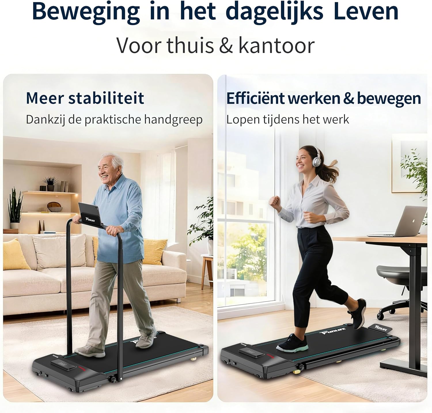 Walking Pad/loopband voor thuis, inklapbaar, 3-in-1 mini-loopband met handgreep, stil en plat, tot 120 kg, geschikt voor bureau en thuiskantoor, senioren en revalidatie, FunLife F1