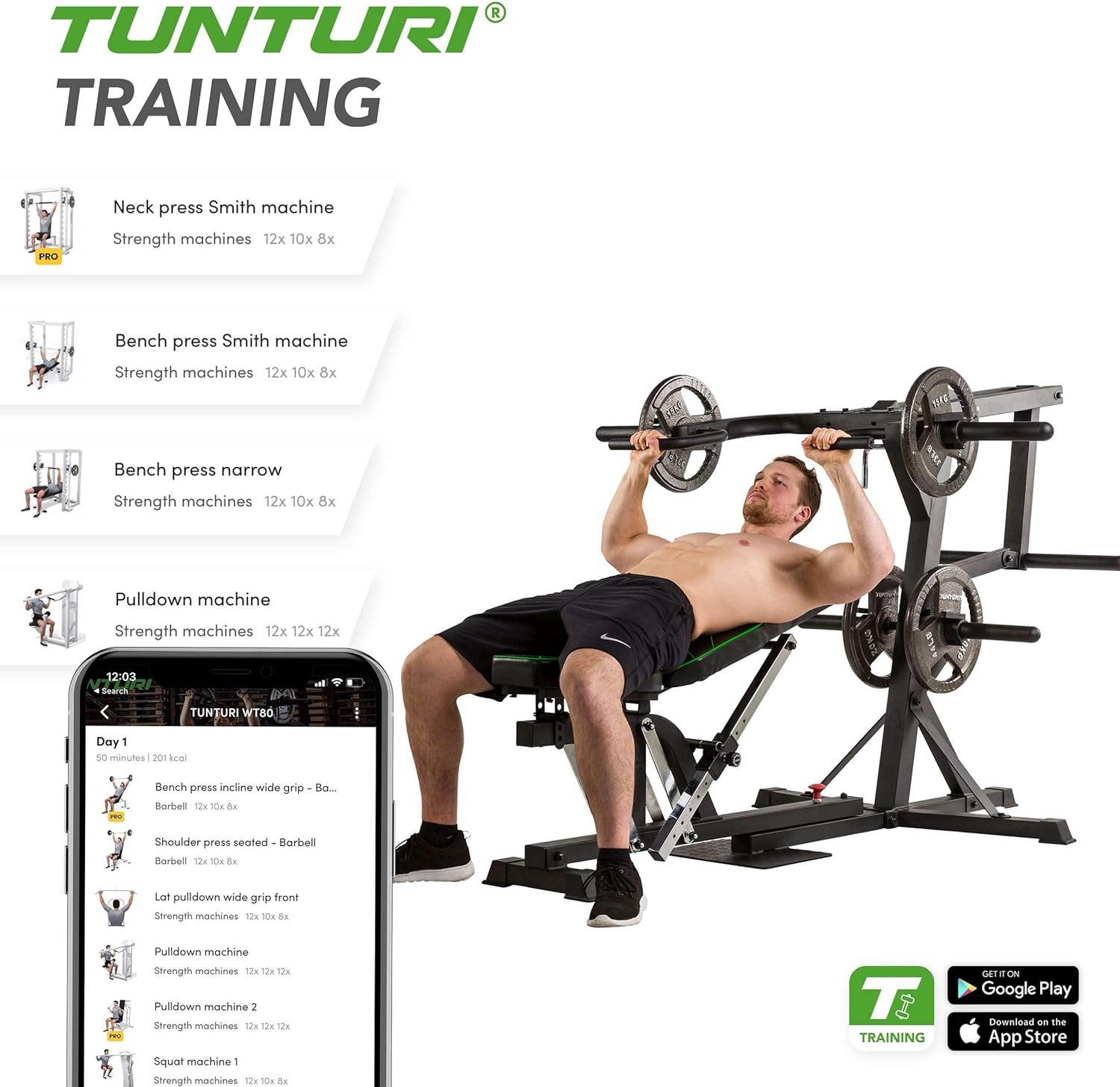 Tunturi WT80 Krachtstation - Fitness homegym - Verstelbaar fitnessapparaat voor 50+ Oefeningen - Compact voor thuisgebruik - Geschikt voor 30mm & 50mm halterschijven
