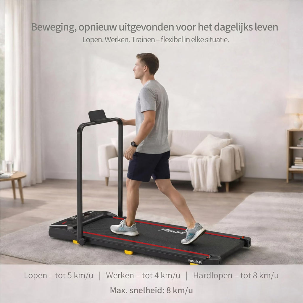 Walking Pad/loopband voor thuis, inklapbaar, 3-in-1 mini-loopband met handgreep, stil en plat, tot 120 kg, geschikt voor bureau en thuiskantoor, senioren en revalidatie, FunLife F1