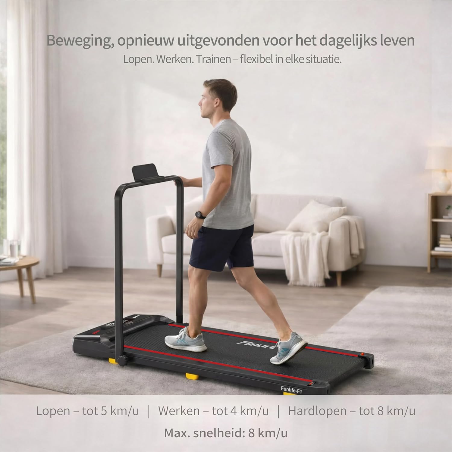 Walking Pad/loopband voor thuis, inklapbaar, 3-in-1 mini-loopband met handgreep, stil en plat, tot 120 kg, geschikt voor bureau en thuiskantoor, senioren en revalidatie, FunLife F1
