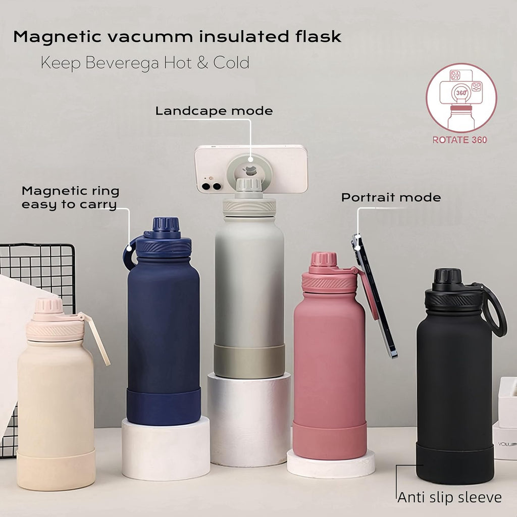 Megnetic geïsoleerde sportwaterfles met 360° draaibaar statief Telefoonhouder Compatibel met Magsafe. Niet verkocht of gemaakt door Magsafe(beige, 623 g)