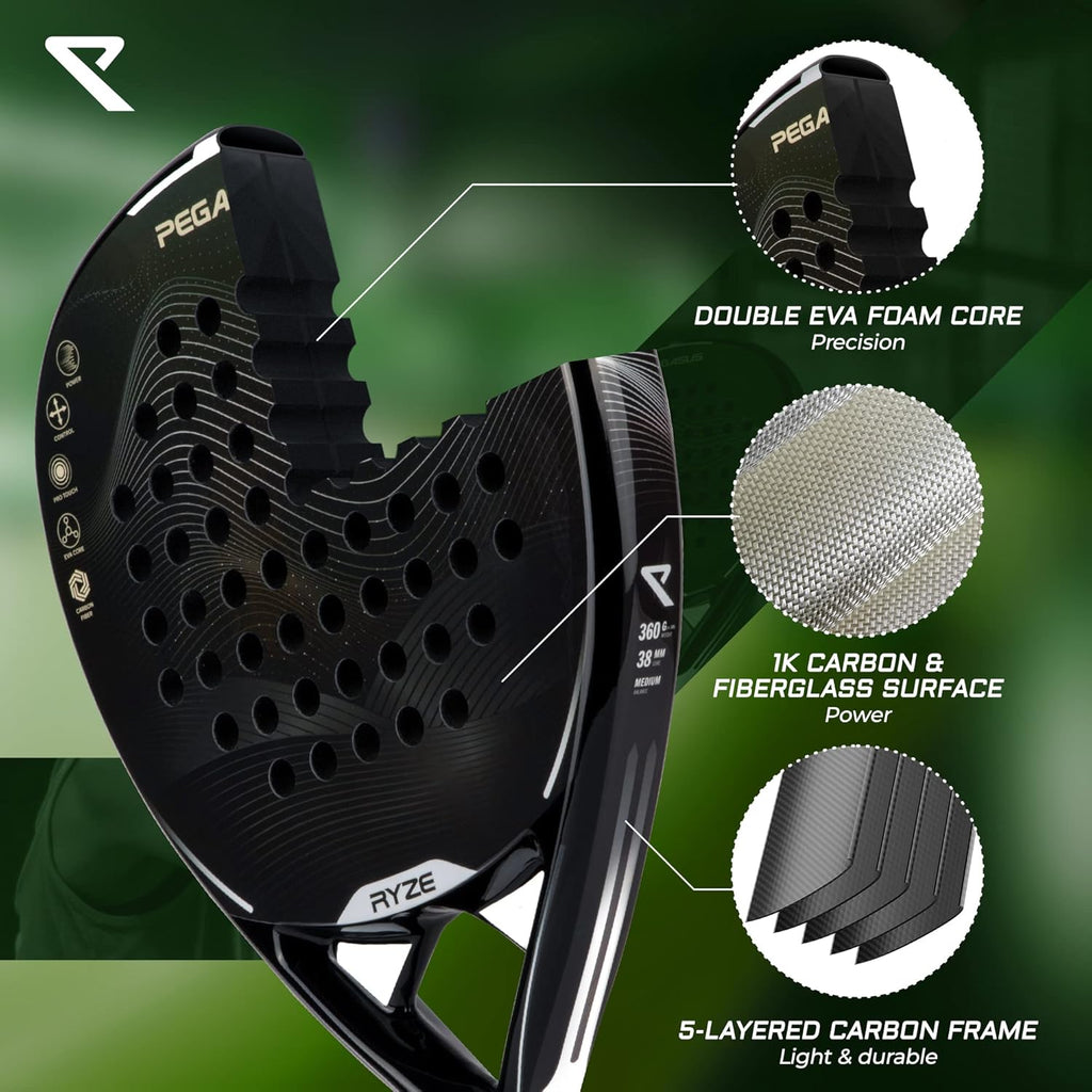 RYZE PEGASUS Padel Racket van 100% koolstofvezel - Maximale kracht + control - Pro Padel Tennisracket met EVA-15 Flex Foam - Licht en duurzaam met 360 g - Gratis draagtas inbegrepen