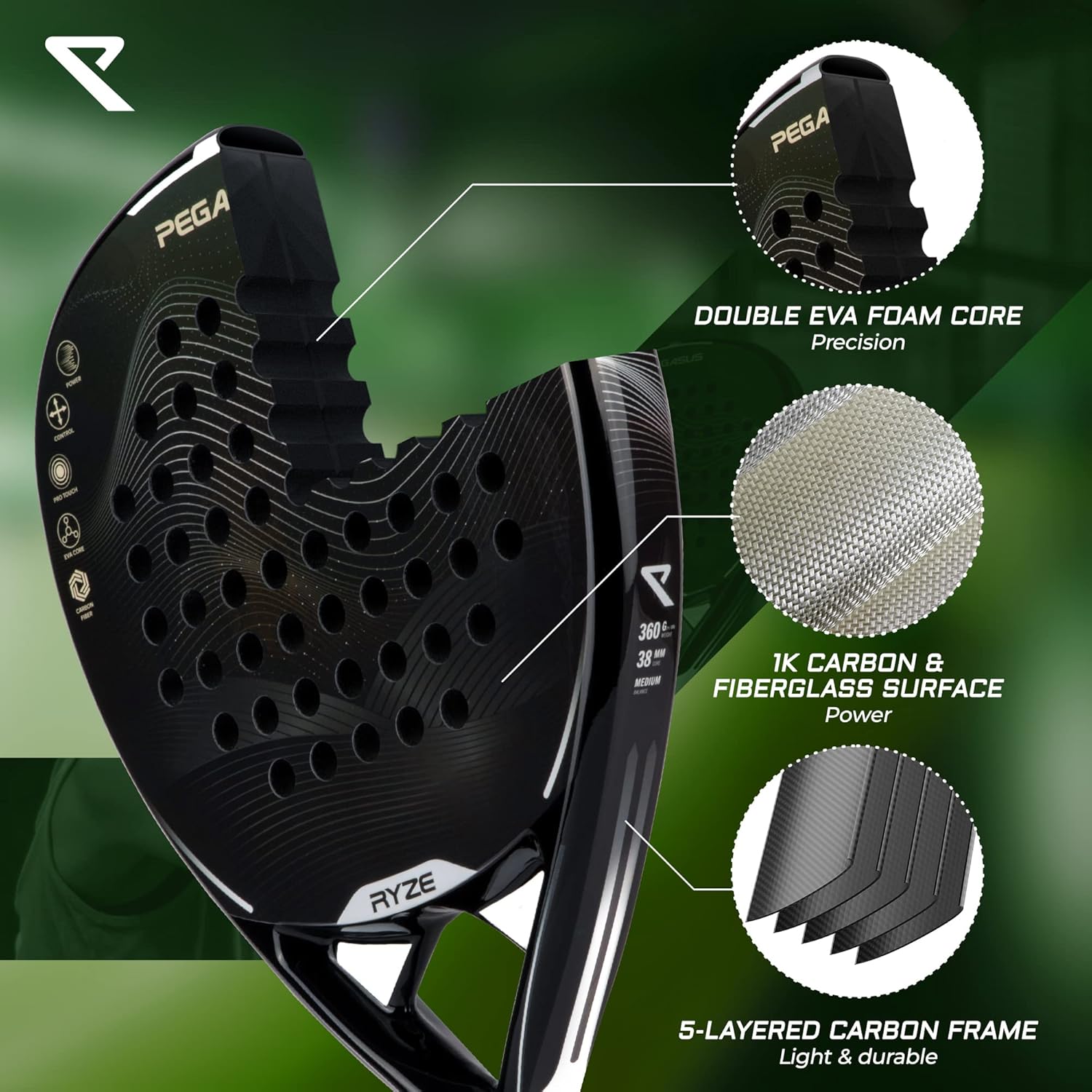 RYZE PEGASUS Padel Racket van 100% koolstofvezel - Maximale kracht + control - Pro Padel Tennisracket met EVA-15 Flex Foam - Licht en duurzaam met 360 g - Gratis draagtas inbegrepen