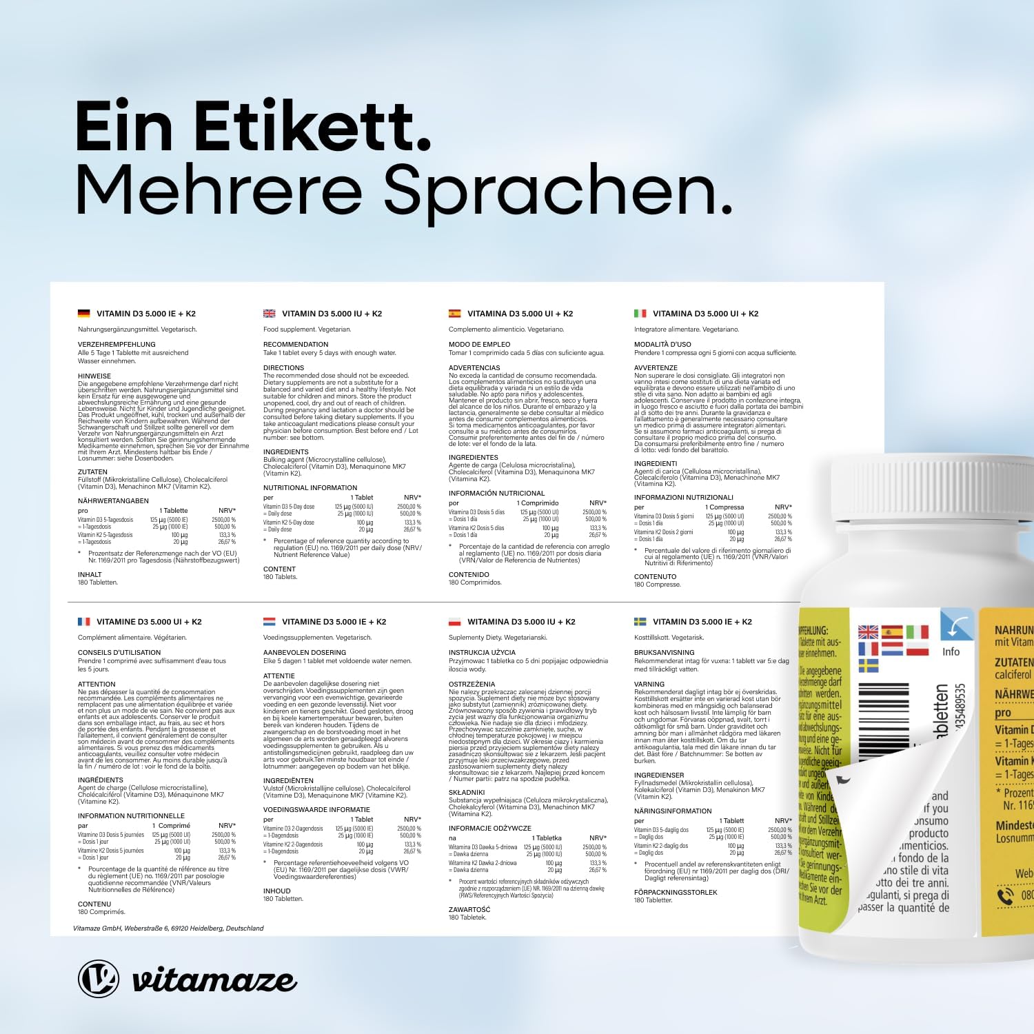 Vitamine D3 K2 hoge dosering, 180 tabletten, 5000 IE vitamine D3 + 100 mcg vitamine K2 depot, zonder onnodige toevoegingen, hoge biologische beschikbaarheid, gemaakt in Duitsland