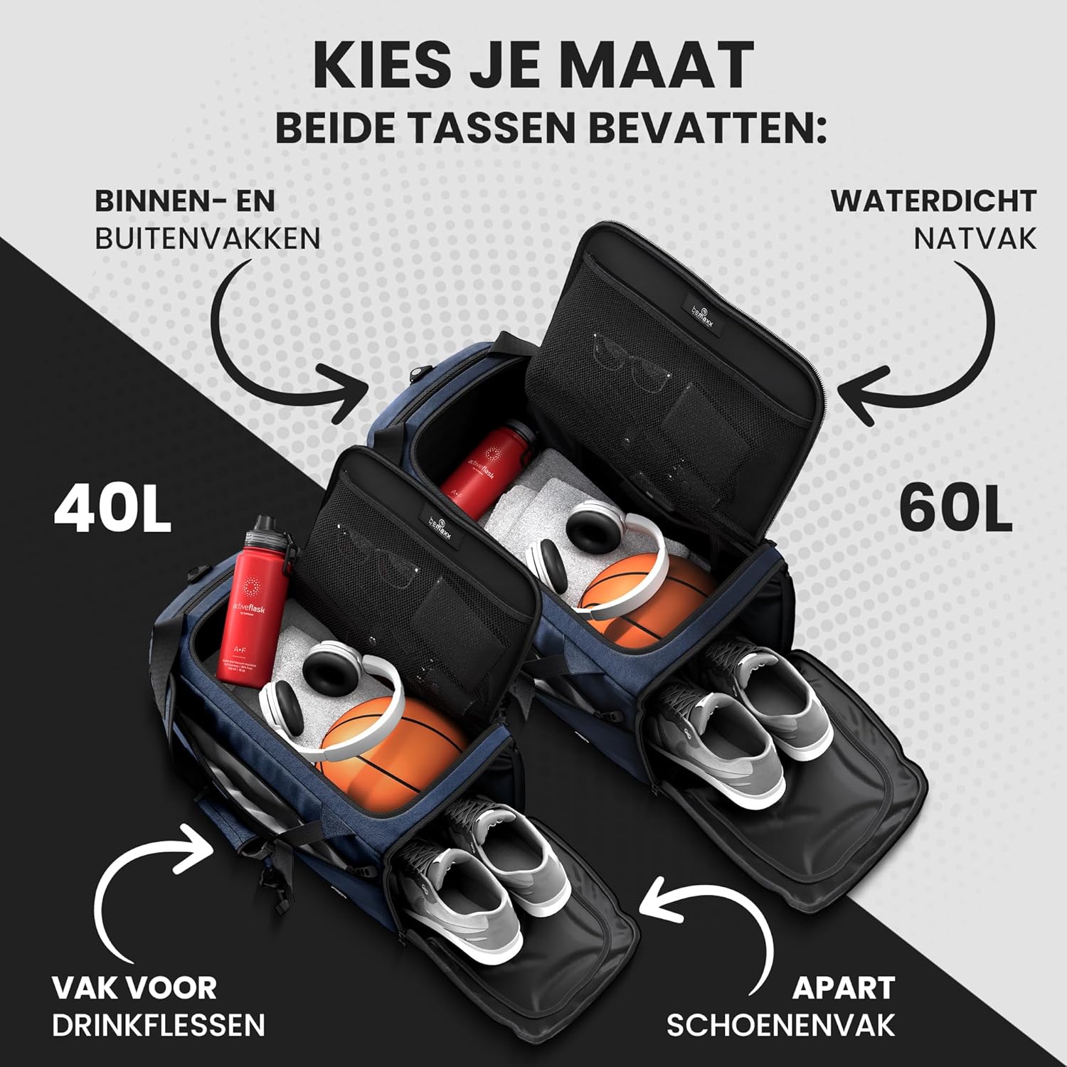 Sporttas Gymbag Reistas 40L / 60L | Trainingstas met Rugzak-Functie Schoenencompartiment Vak voor natte Kleding | Sportrugzak Fitness Tas Weekender Zwemtas Duffelbag Sportzak Fitnesszak Sportbag Heren