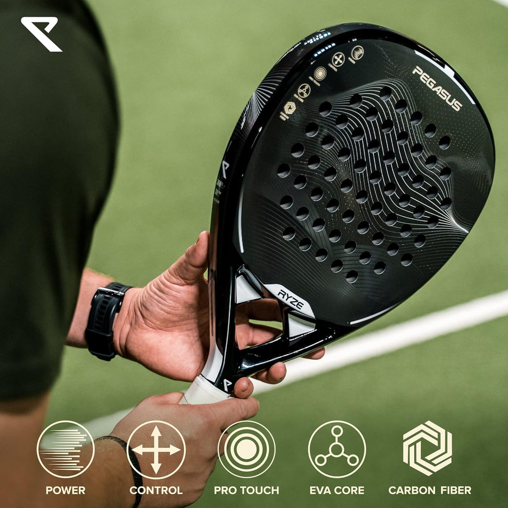 RYZE PEGASUS Padel Racket van 100% koolstofvezel - Maximale kracht + control - Pro Padel Tennisracket met EVA-15 Flex Foam - Licht en duurzaam met 360 g - Gratis draagtas inbegrepen