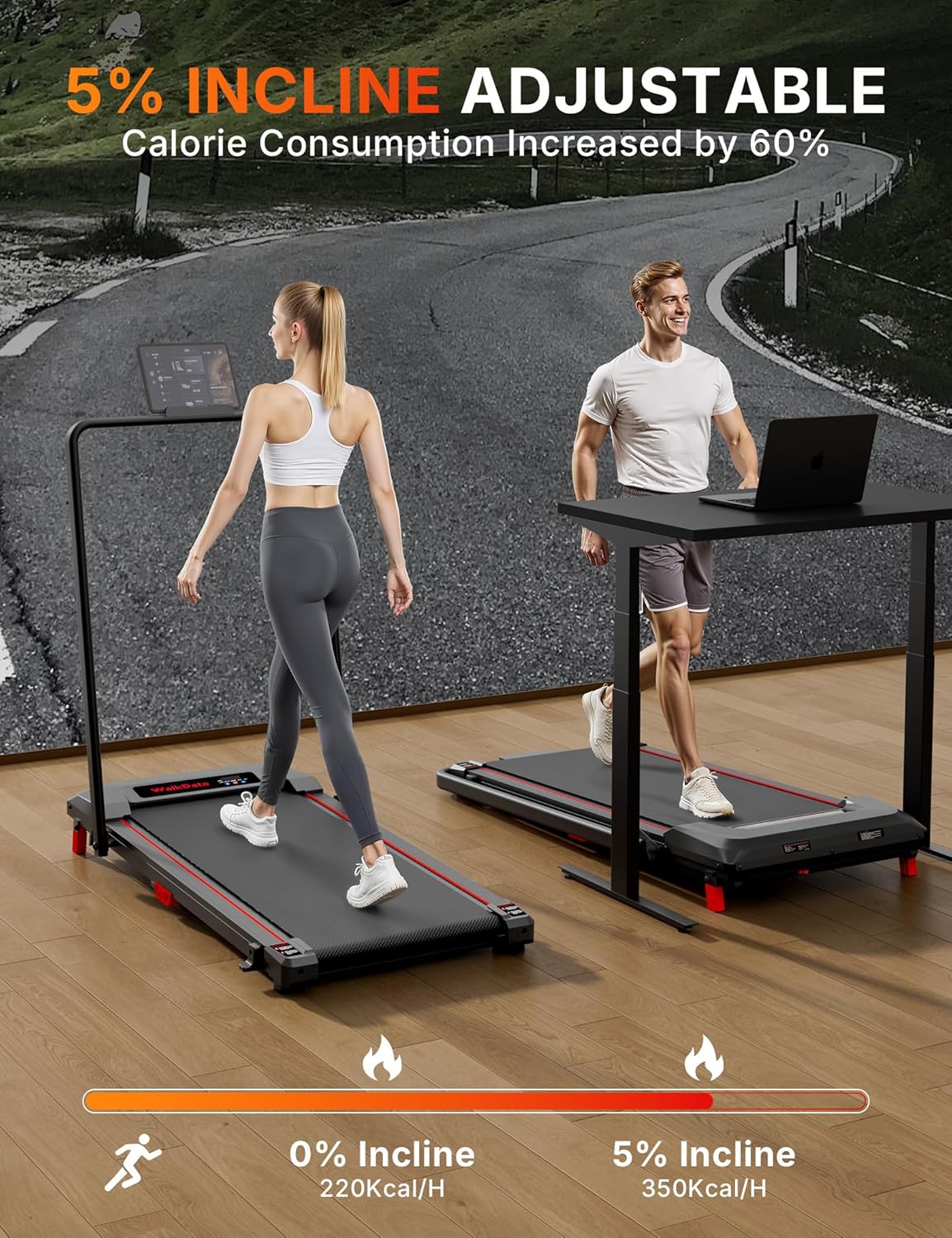 Loopband met 5% Helling, Compacte Loopbanden voor Thuis en op Kantoor, Draagbare Walking Pad met LED-display, Afstandsbediening, max. 150 kg, 1-6 km/u