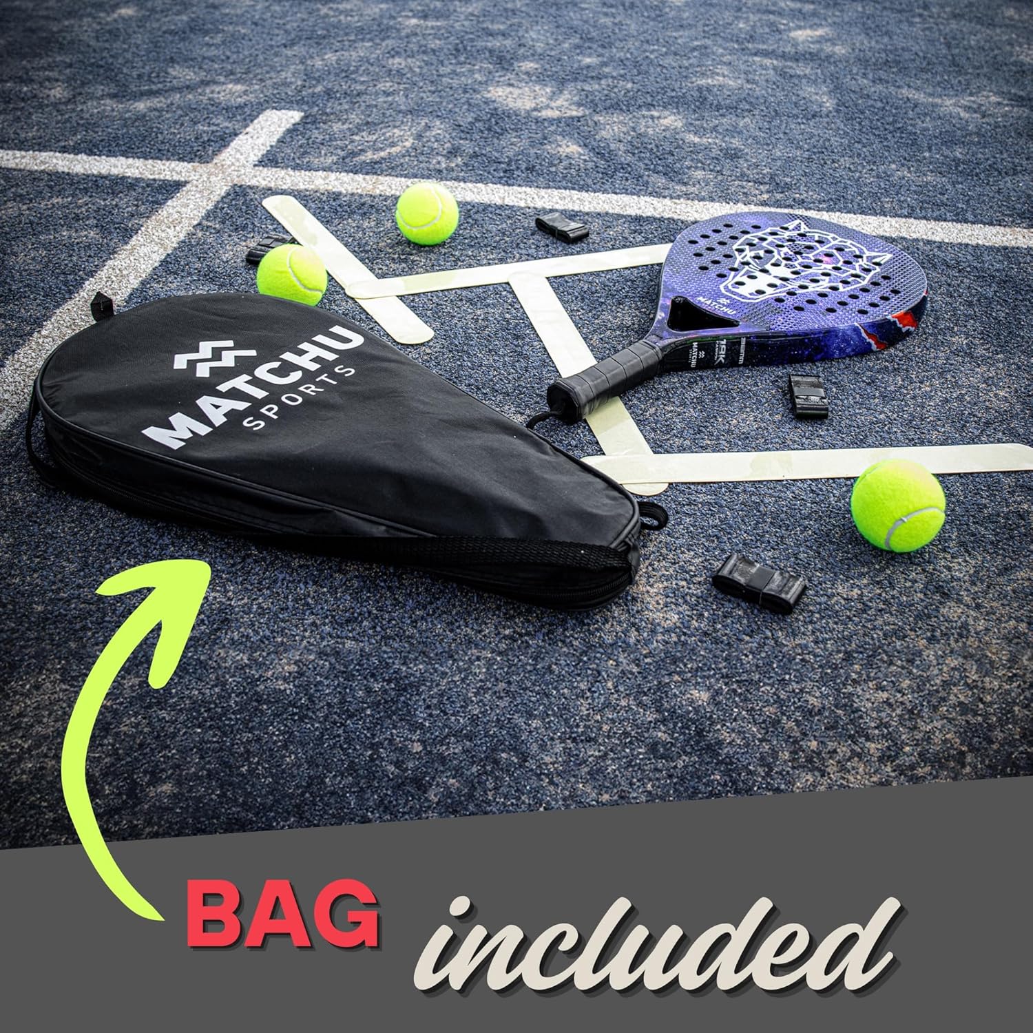 MATCHU - Padel racket - Inclusief een draagtas - 100% carbon frame, fiberglasse toplaag en zacht EVA foam - 3D grip technologie