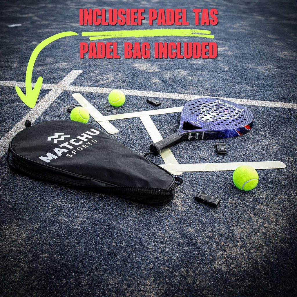 MATCHU - Padel racket - Inclusief een draagtas - 100% carbon frame, fiberglasse toplaag en zacht EVA foam - 3D grip technologie