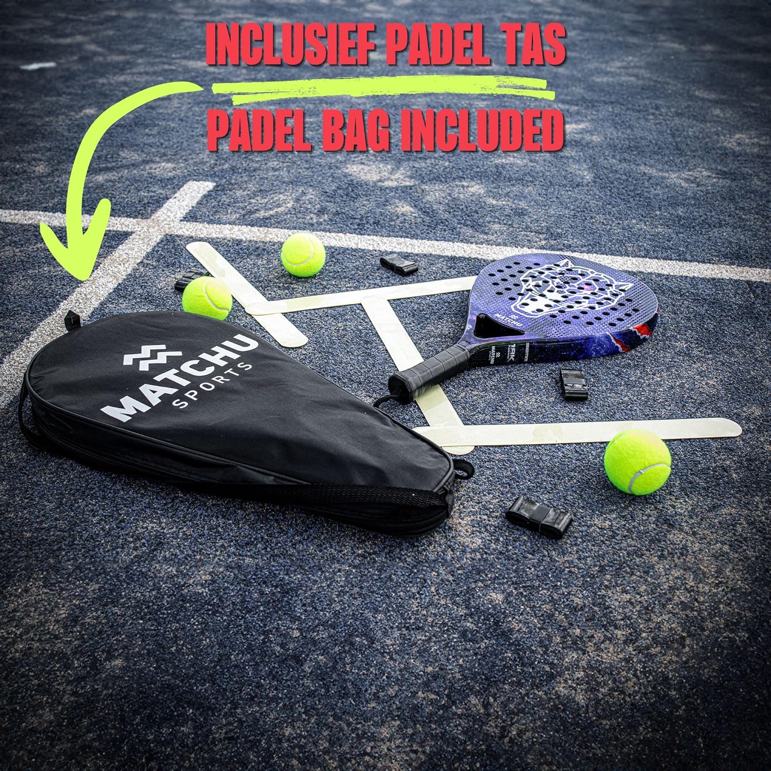 MATCHU - Padel racket - Inclusief een draagtas - 100% carbon frame, fiberglasse toplaag en zacht EVA foam - 3D grip technologie