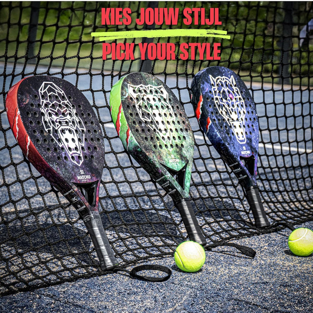 MATCHU - Padel racket - Inclusief een draagtas - 100% carbon frame, fiberglasse toplaag en zacht EVA foam - 3D grip technologie