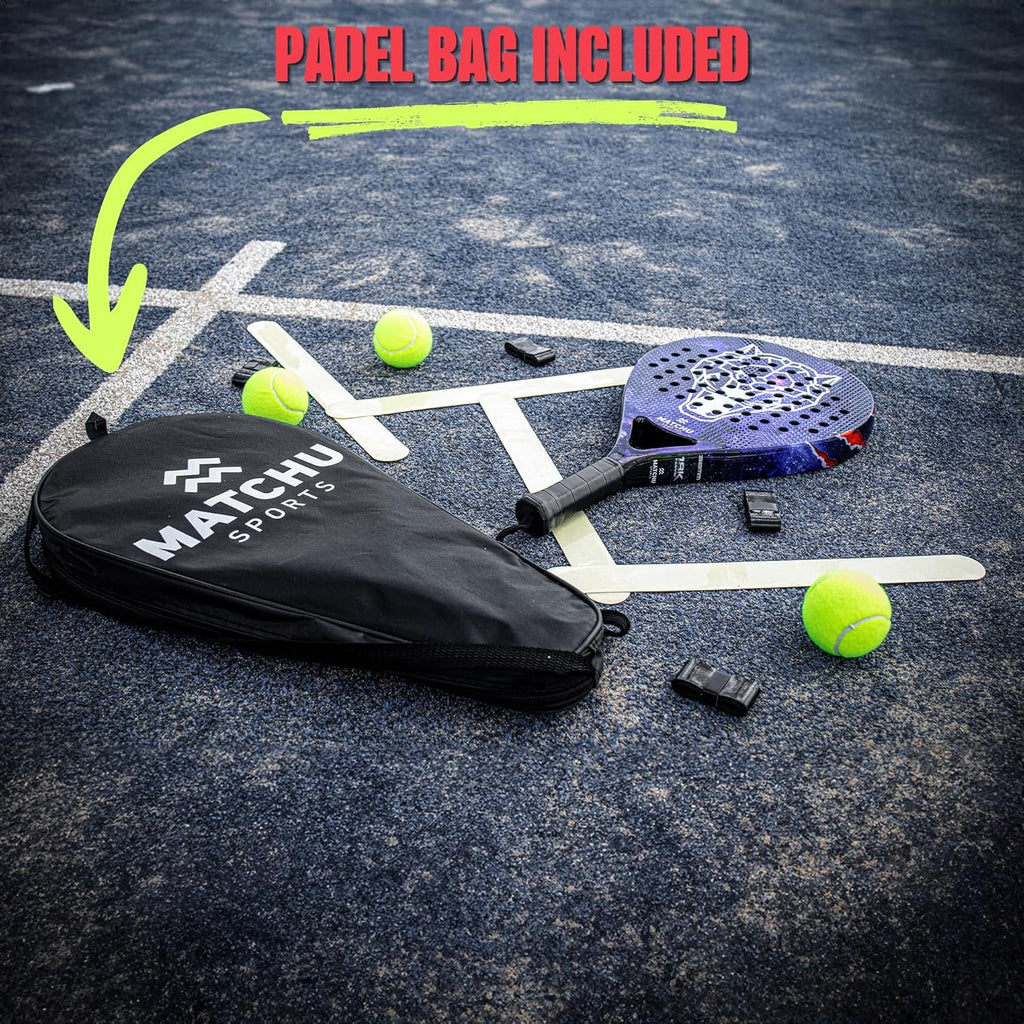 MATCHU - Padel racket - Inclusief een draagtas - 100% carbon frame, fiberglasse toplaag en zacht EVA foam - 3D grip technologie