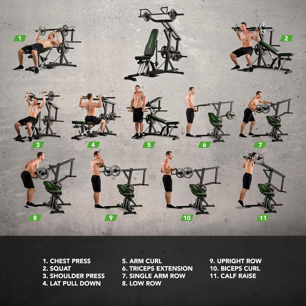 Tunturi WT80 Krachtstation - Fitness homegym - Verstelbaar fitnessapparaat voor 50+ Oefeningen - Compact voor thuisgebruik - Geschikt voor 30mm & 50mm halterschijven